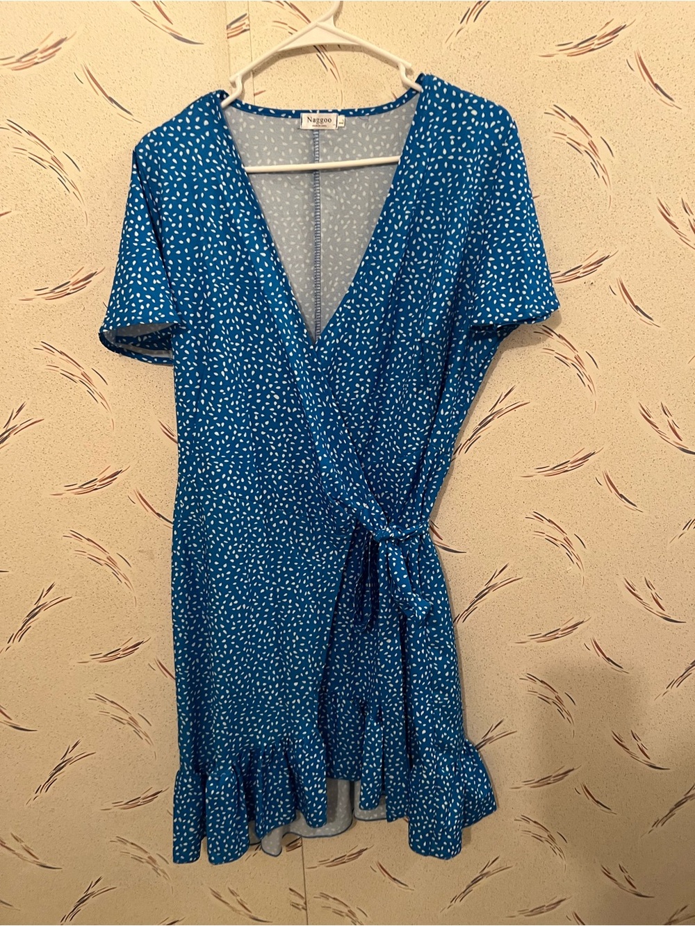 Nagoo Blue White Print Wrap Ruffle Hem Dress Size L